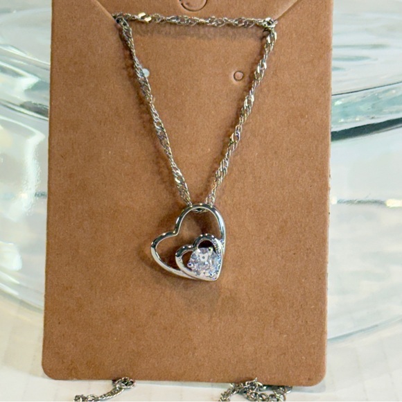 NEW Silver-Tone Double Heart Pendant Necklace – Sparkling CZ Accent - Picture 2 of 15